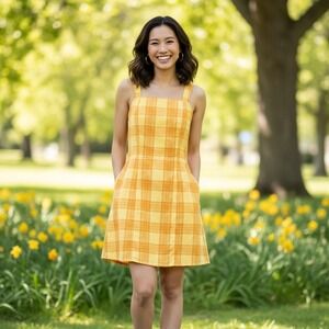 Arizona Jean Co Mini Dress‎ Womens Sz L Yellow Plaid Orange Preppy Retro Y2K 90s